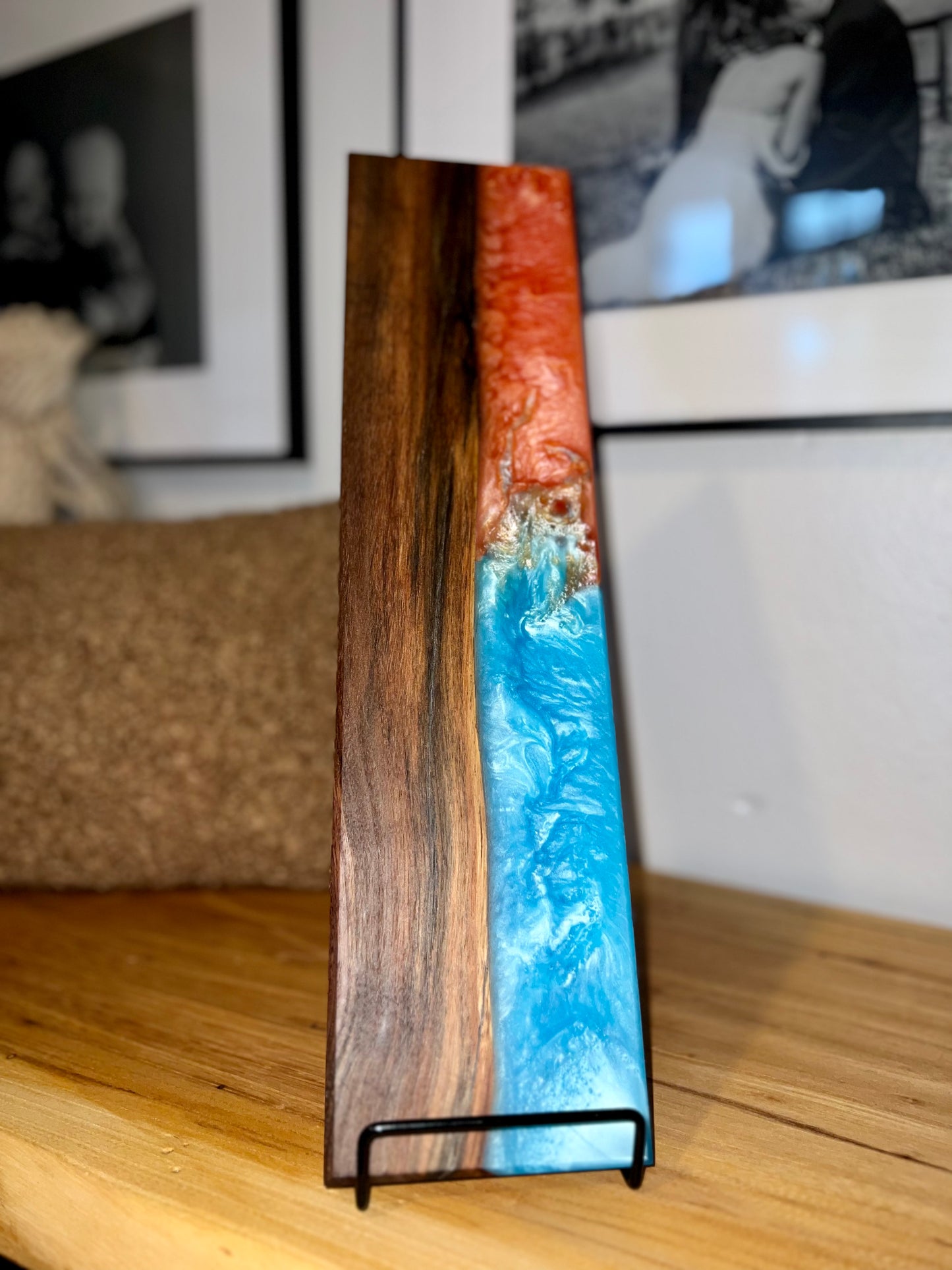 Black Walnut / Blue/Coral Resin Serving Board